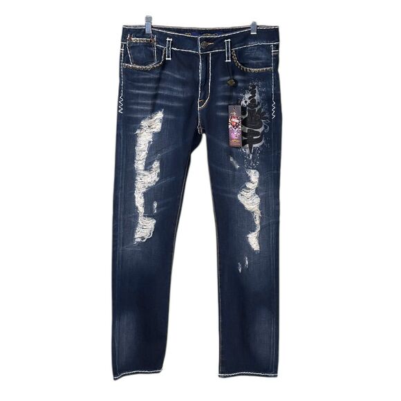 Ed Hardy Christian Audigier Boyfriend Jeans Womens Blue Dark Wash Embellished 30